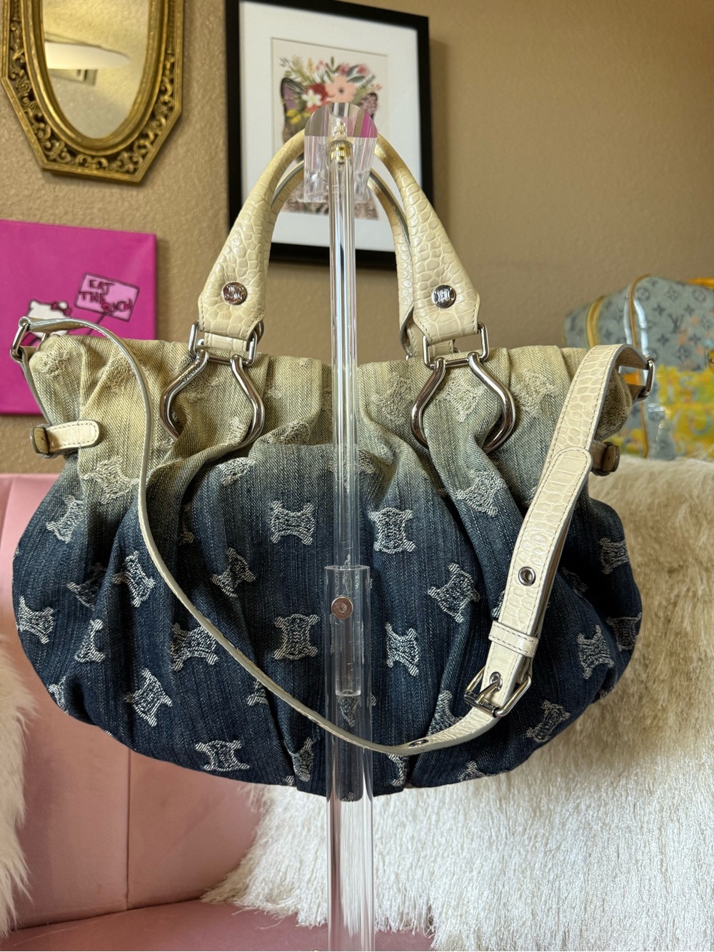 Authentic CELINE Macadam Ombre DENIM Bag Croc-Embossed Leather wSilver Hardware - Picture 5 of 16